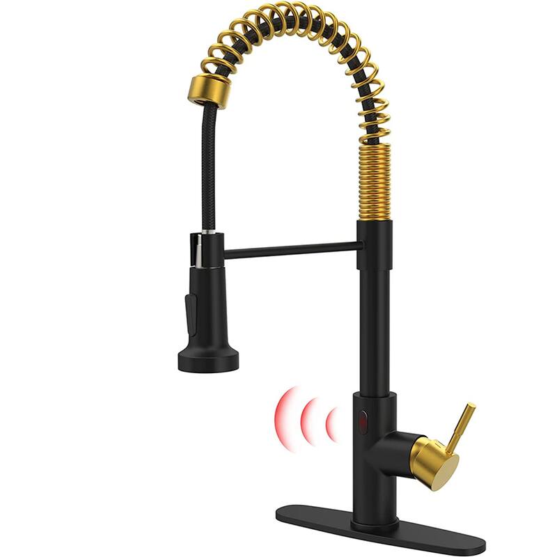 Commercial Touchless Kitchen Sink Faucet With Pull Down Sprayer Modern Single Handle Spring Sensor Basin Taps - Brushed Gold & Matte Black
