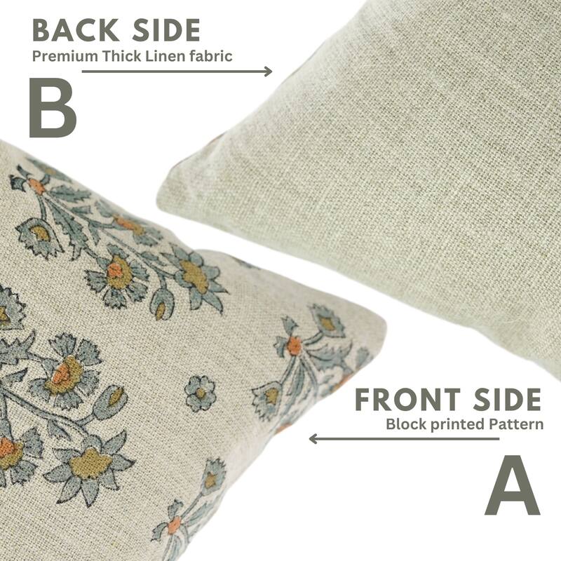 Fabdivine Grey Hand Block Floral Print Thick Linen Throw Pillow Cover for Cozy Fall Décor Sofa, Couch Cushioncase, Sdabahar