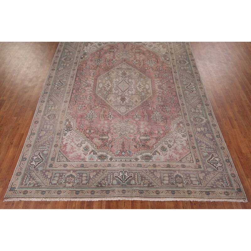 Pink Distressed Tabriz Vintage Persian Rug Hand-Knotted Wool Carpet - 8'0" x 10'11"