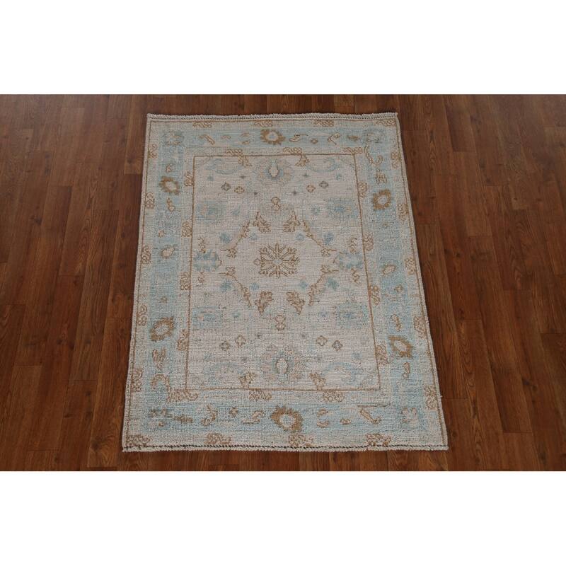 Hand Knotted Oriental 100% Wool Carpet Transitional Geometric Beige & Ivories Oushak Area Rug - 3' 11'' X 3' 0''