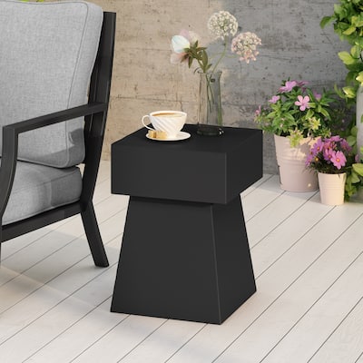 Roomfitters Modern Concrete Side Table, Geometric Outdoor Accent Table, Contemporary Patio Decor, Black