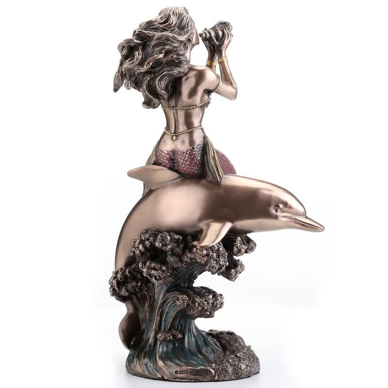 8.27 inches Height Cold Cast Bronze Mermaids Call on the Back of A Dolphin Bronze Finish Figurine
