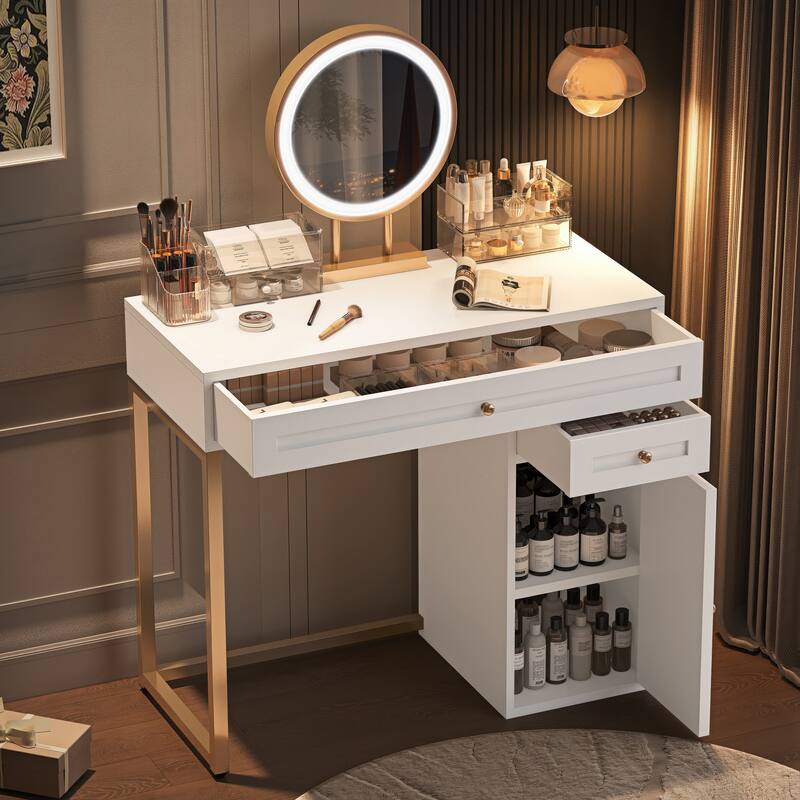 31.5" Makeup Vanity Desk with Lighted Mirror, Dressing Table with 2 Drawers and 1 Cabinet