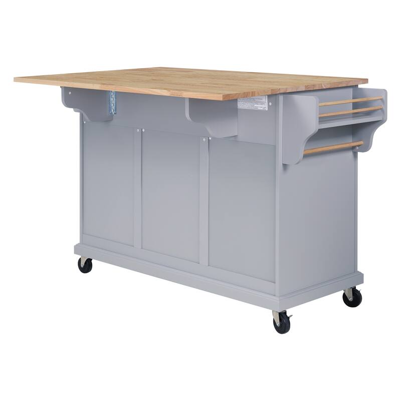 57'' Farmhouse Wood Top Kitchen Island w/ 2 Drawer & Adjustable Shelves, Movable Storage Kitchen Cart w/ Spice Rack & Towel Bar