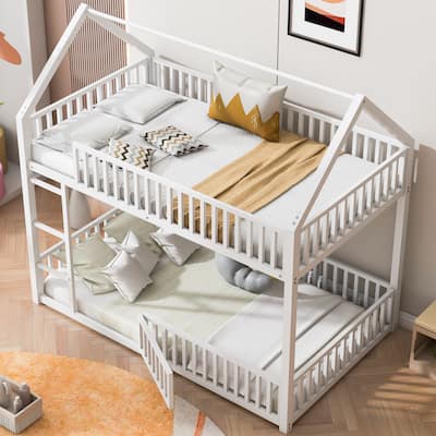 Twin Over Twin Floor Bunk Bed, Metal House-Shaped Bunk Bed Frame with Fence-Shaped Guardrail and Small Door for Kids Girls Boys