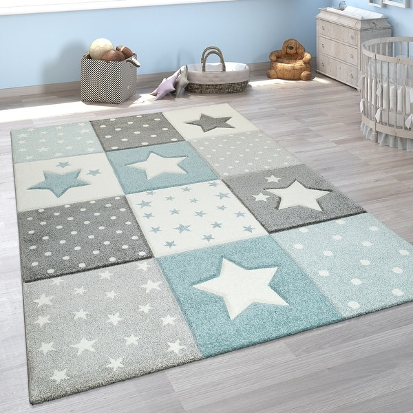 slide 2 of 10, Kids Rug for Nursery Checkered with Stars in Pastel Colors 2'8" x 4'11" - blue