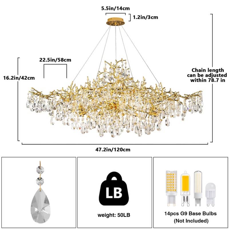 KAYLA 47.2" 14-Lights Gold Luxury Crystal Linear Chandelier - N/A