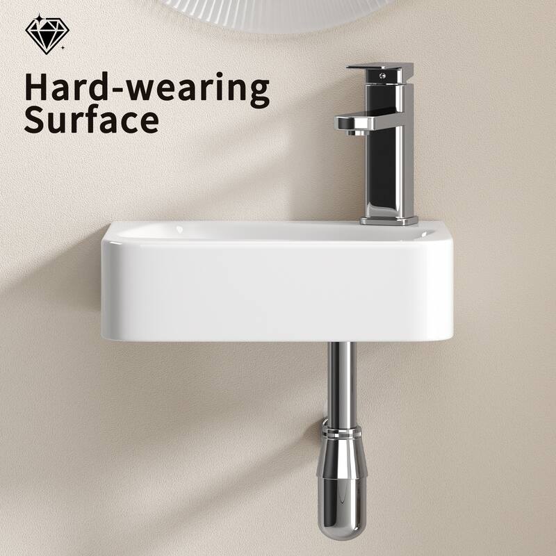 GDFStudio - Kairo Compact Modern Ceramic Wall Mounted Vessel Sink with Integrated Towel Bar, Included Faucet and Drain - Left - Milk White