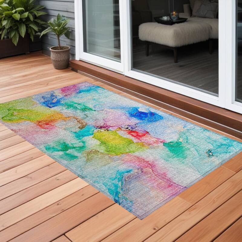 Dava Unique Abstract Weather Resistant Versatile Elegance Runner Outdoor Rug - 2' x 3' - Blue