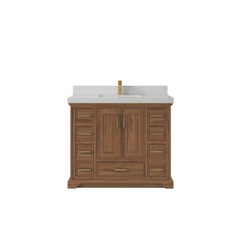 Willow Collections 42 in. W x 22 in. D Charlotte Teak Single Sink Bathroom Solid Teak Vanity with Countertop - 2”Carrara Quartz - Dark Natural