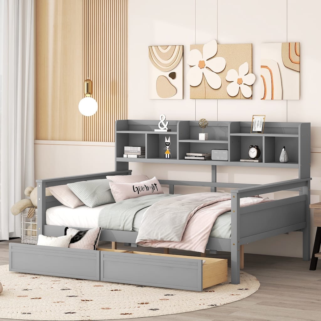 Full Daybed with Storage 2 Drawers & Bedside Shelf, 400lb Capacity, Solid Wood Frame