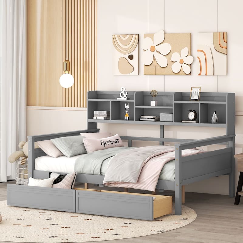 Wood Daybed with Bedside Shelves and Two Drawers - Grey - Full