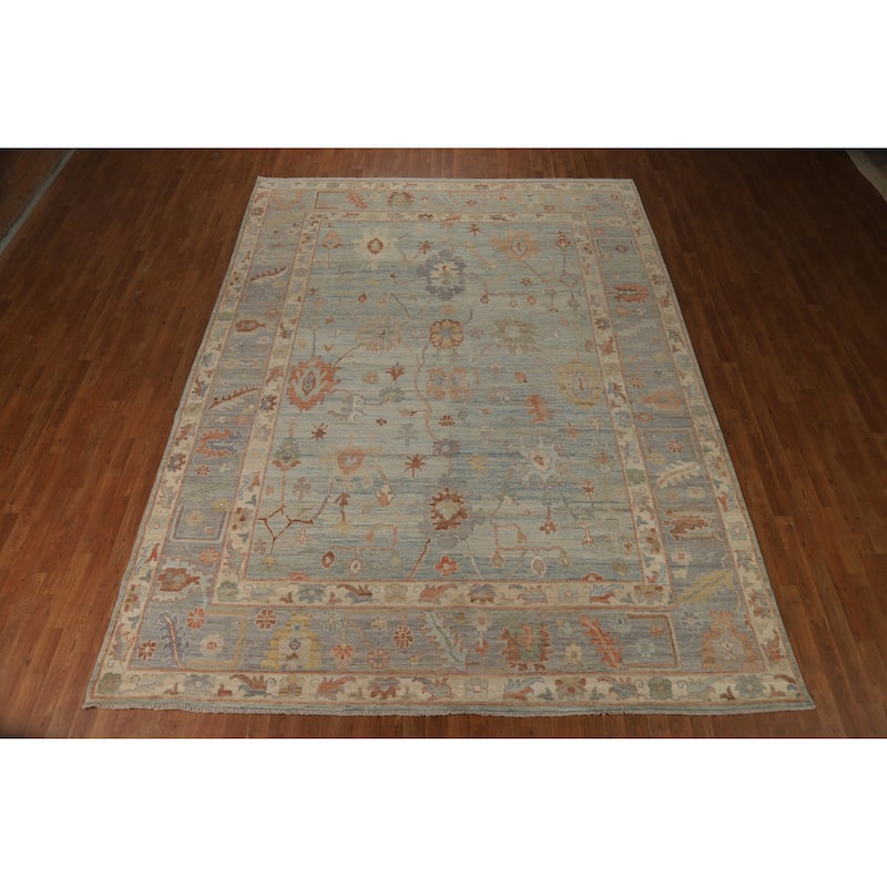Blue Vegetable Dye Oushak Turkish Rug Hand-Knotted Floral Wool Carpet - 9'2"x 12'3"