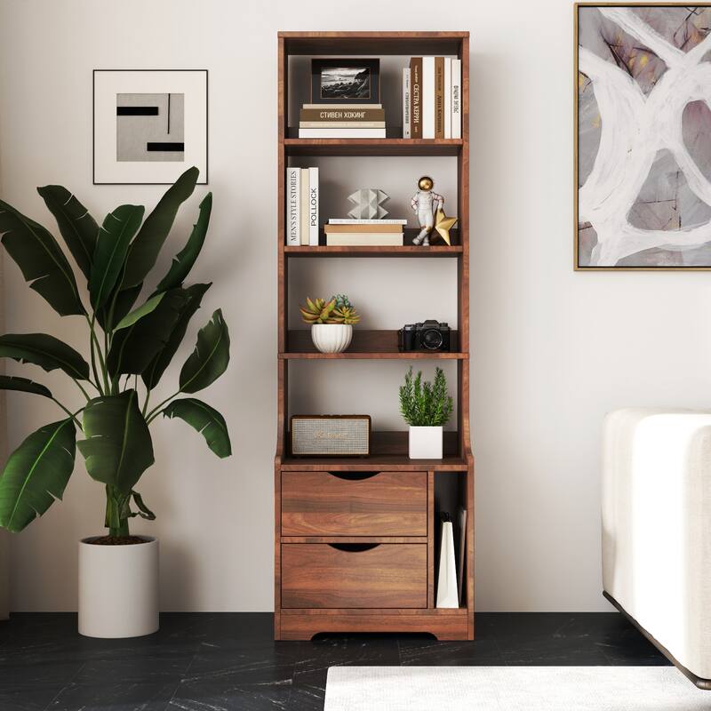 2-Drawer Tall Nightstand Bedside Table with Bookshelf Side Tables with Storage Shelves - Walnut