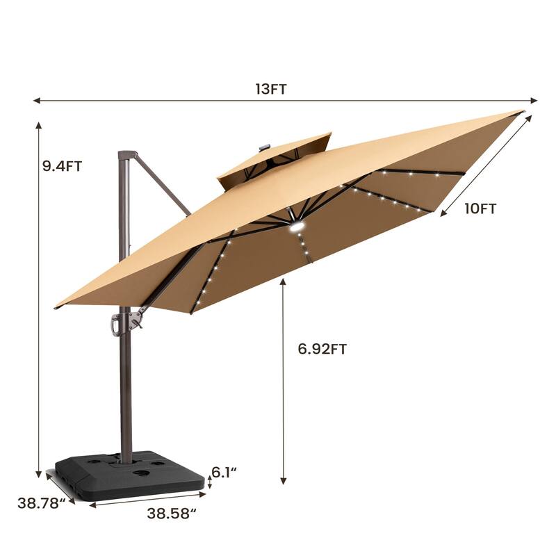 Pellebant 10x13 FT Outdoor Patio Double Top Cantilever Umbrella Solar LED Lighted with 4 Piece Square Offset Umbrella Base