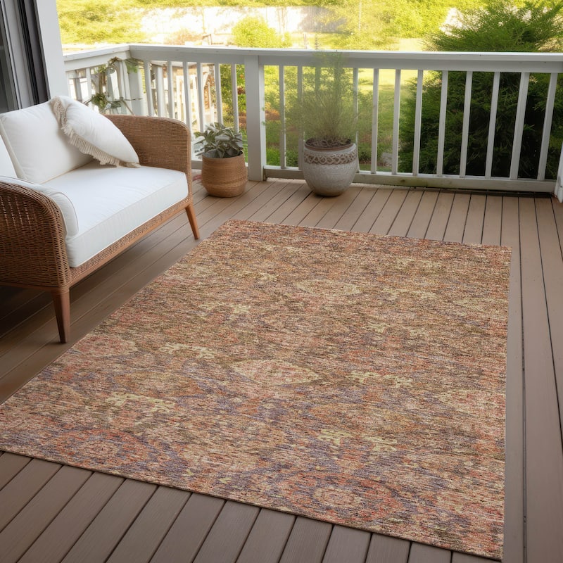 Machine Washable Indoor/ Outdoor Traditional Damask Chantille Rug