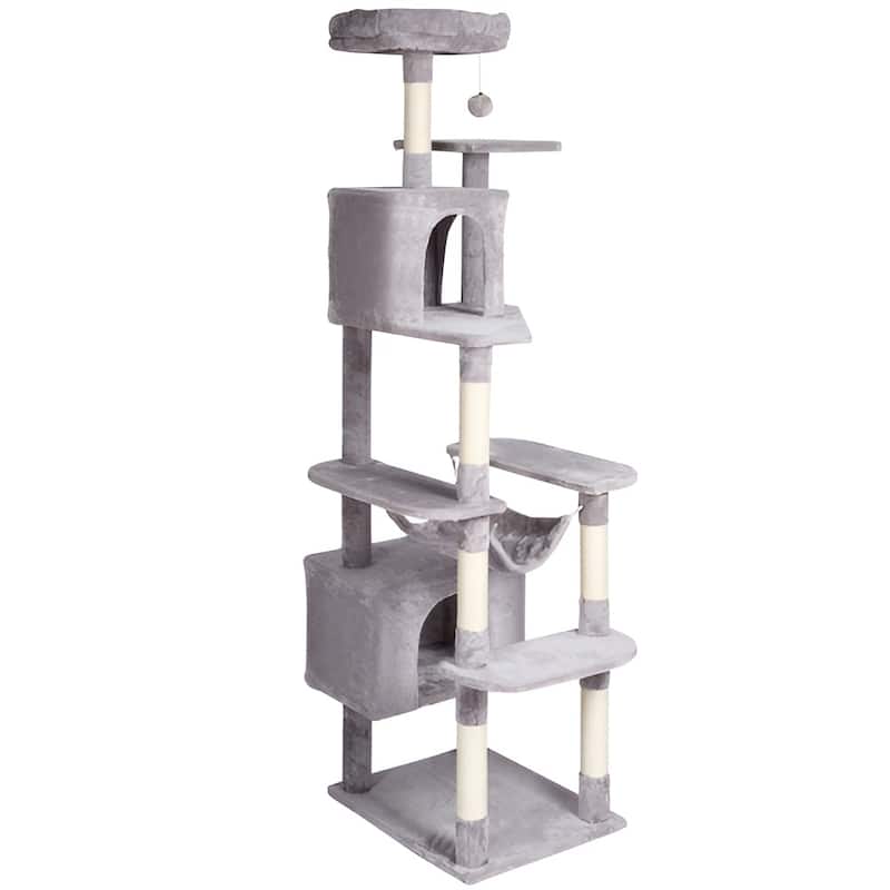 Light Grey Plush 9 Layer Cat Tree with Condos & Hammock Playset