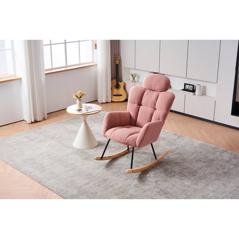 Comfortable Teddy Fabric Upholstered Rocking Chair with High Backrest and Pillows for Indoor Use