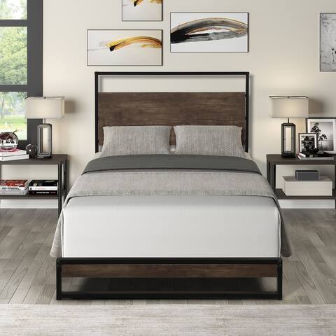 Twin Metal Bed frame with Headboard & Wood Slats, Espresso