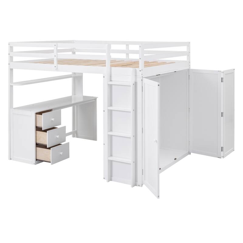 Space-Saving Full Loft Bed with Drawers, Desk, and Wardrobe in White