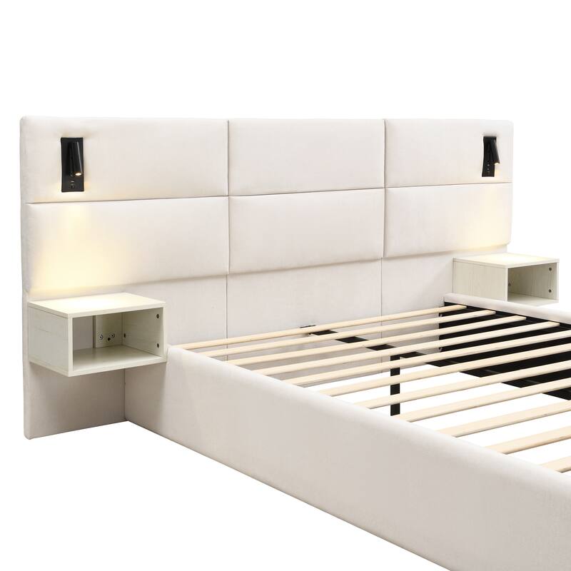 Christopher Knight Home - Mid-Century Modern Chenille Upholstered Smart Bed with Reading Lights & Built-In Shelves