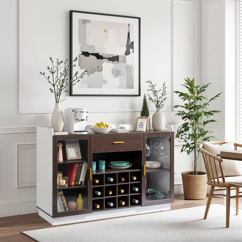 Stylish Sideboard with Wine Rack Glass Doors and Storage Drawer for Dining Room - 55.12" x 15.75" x 35.43"