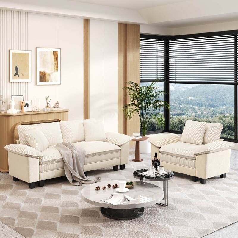 MAISON ARTS 2-Piece Chenille & Corduroy Sofa Set, Comfy 3/4/5-Seater Modular Loveseat & Armchair with Throw Pillows - Off-White Corduroy(3 Pieces) - Left Facing