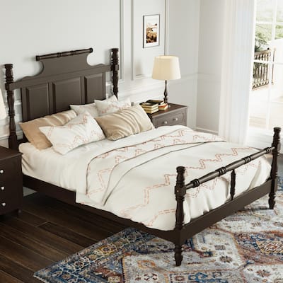 Vintage Country Style Wood Bed Frame Four Poster Platform Bed with High Crown-like Headboard Wingback Bed, Low Profile Bed