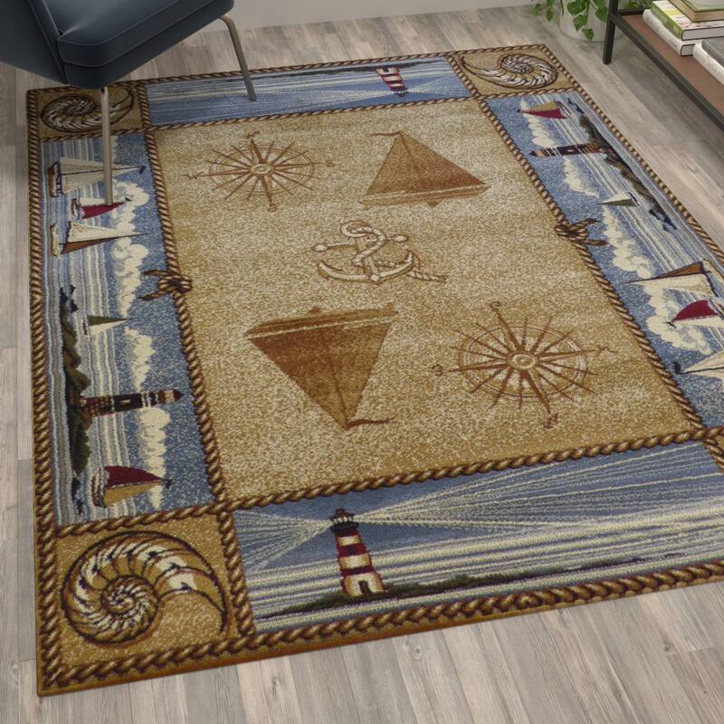 Nautical Themed Multipurpose Olefin Area Rug for Indoor Use
