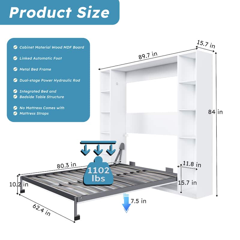 Queen Murphy Wall Bed with Side Storage Cabinets, 89.7in Folding Hidden Bed, Hydraulic Assist, Solid Wood Slats