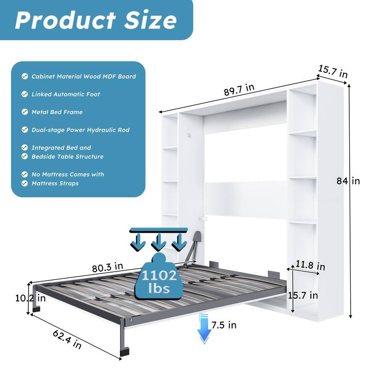 Queen Size Murphy Bed Foldable Wall Bed Frame Cube Cabinet Bed, Solid Wood Support Strips Platform Bed, Save-Space Hidden Bed