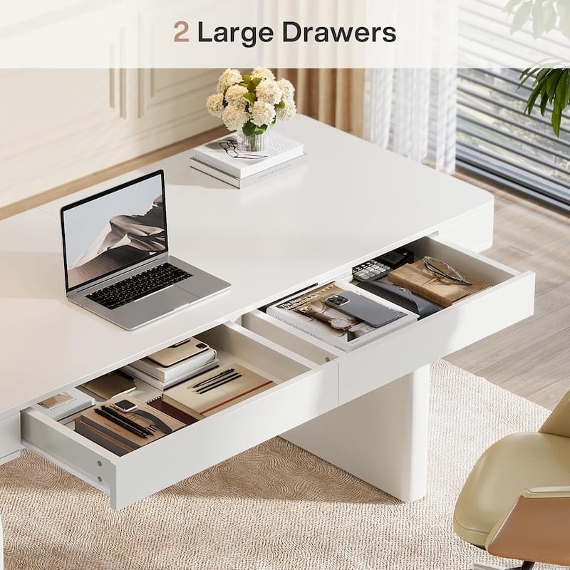 63-Inch White Desk with Drawers, Modern Elegant Glossy Executive Office Desk