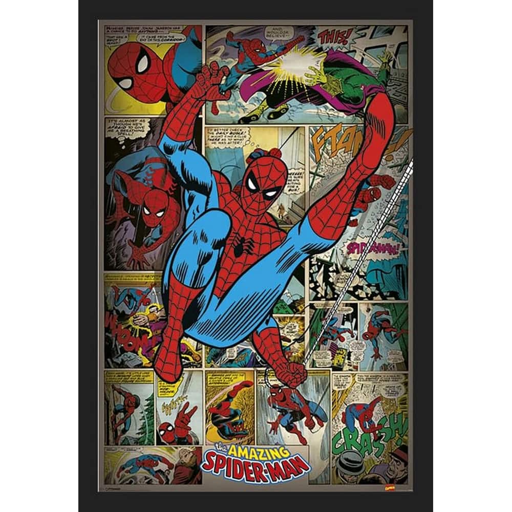 Spiderman Retro Comic Book Cover Framed Poster - 24 x 36 Inch