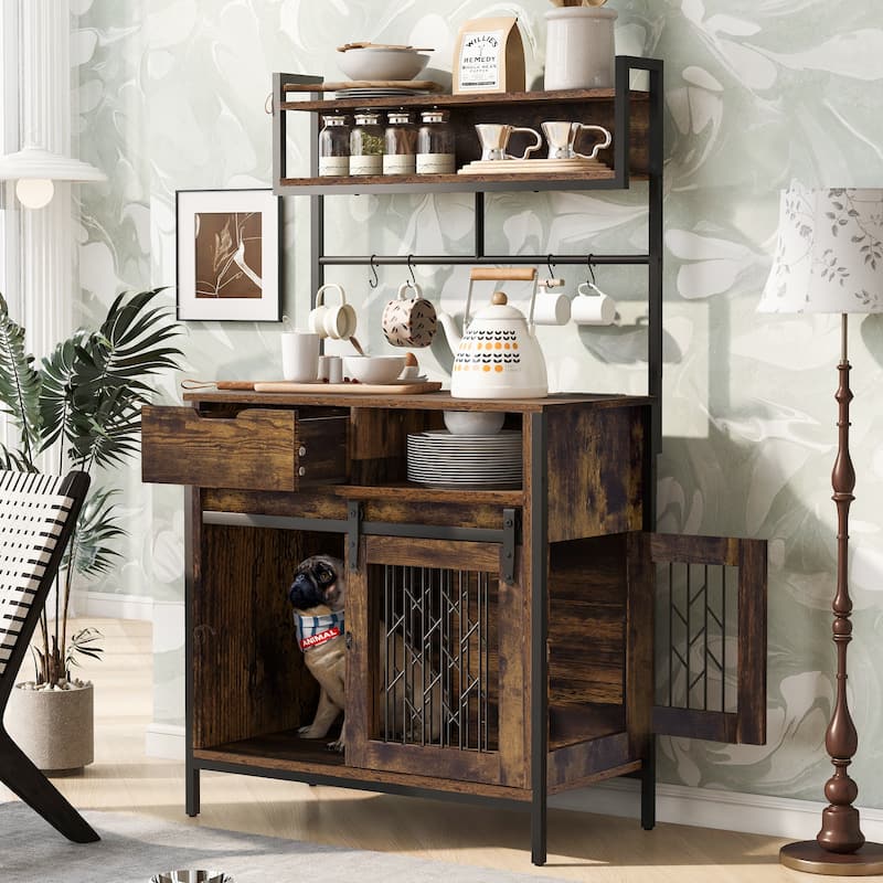 Rustic 2-in-1 Dog Crate & Side Cabinet Organizer: Hutch-Style Kitchen Storage with Kennel, Cupboard, and Drawers‌