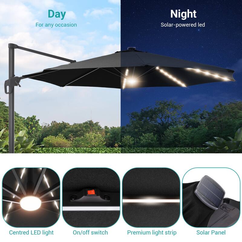 11FT Solar LED Patio Cantilever Umbrella With Resin Base by Bonosuki