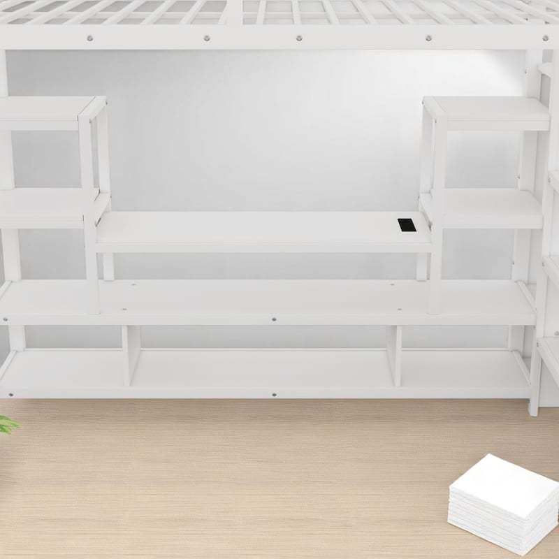 Metal Loft Bed Full Size with TV Cabinet, LED Strip, Wardrobe, Charging Ports and Stairs with Storage