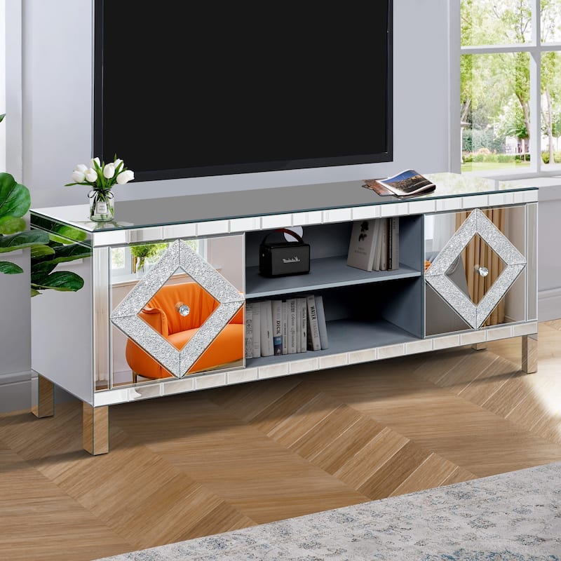 59" Mirrored TV Console, Silver Entertainment Stand with Diamond-Inlay Doors, Glass Finish, Open Shelves & Cabinets