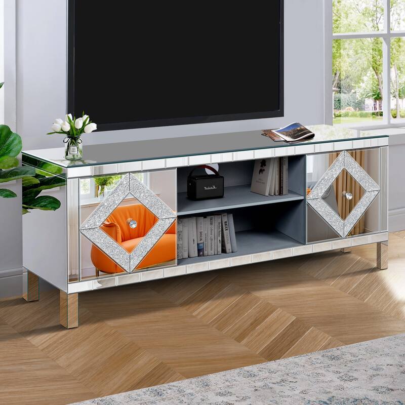 Modern Mirrored TV Stand with 2 Bookshelves and 2 Crystal Handle Cabinet Doors, for 65+ Inch TVs, for Living Rooms