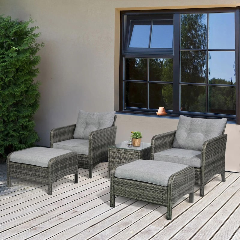 5PC Deep Seat Rattan Patio Set, 2 Chair Ottomans Table, Cream
