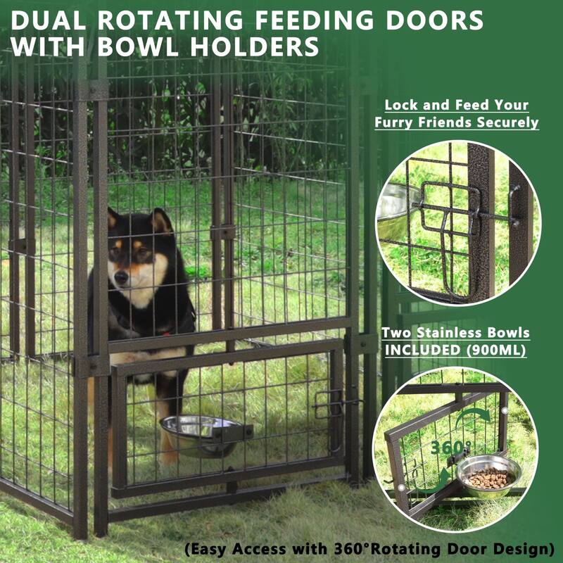 VEIKOUS Outdoor Dog Cage Kennel Fence with Rotating Feeding Door, Cover, and Stainless Bowls