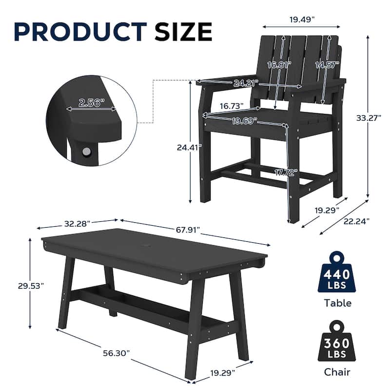 HDPE Patio Dining Set with Rectangular 67.91in W Table with Umbrella Hole and 4 Chairs - N/A