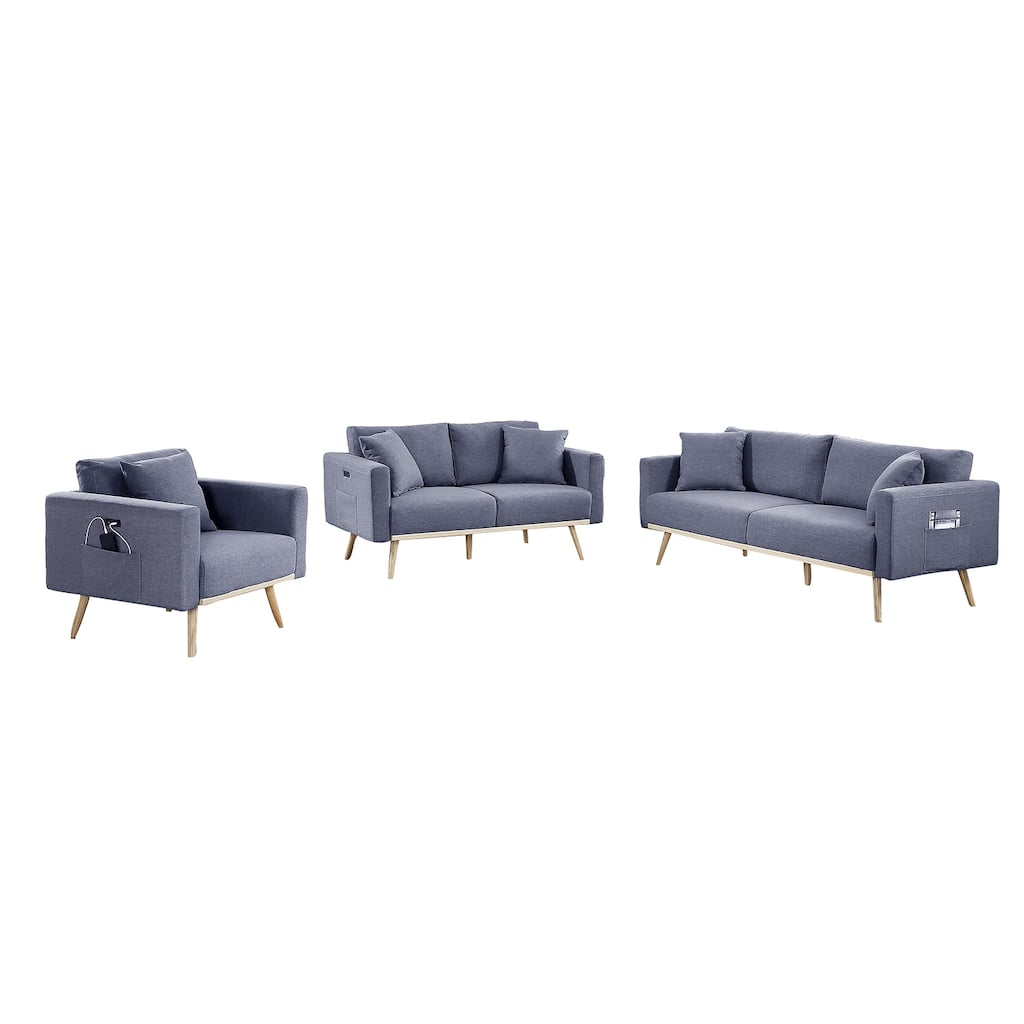 3 Piece Linen Fabric Living Room Set with USB Charging Ports and 5 Pillows