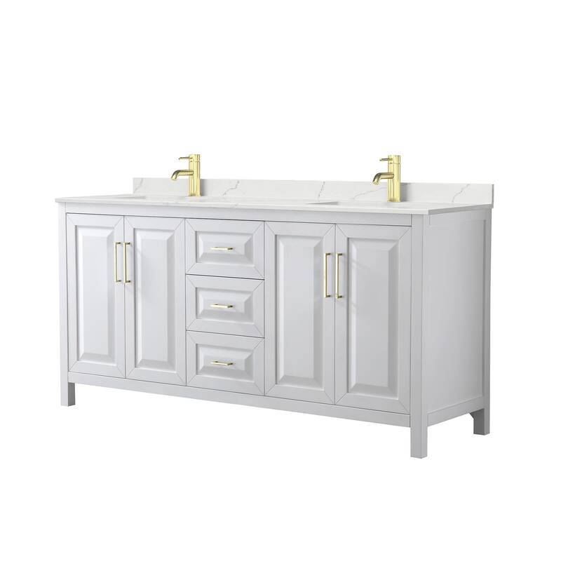 Daria 72-inch Double Vanity, Single Hole Quartz Top - White, Gold Trim, Giotto Quartz Top