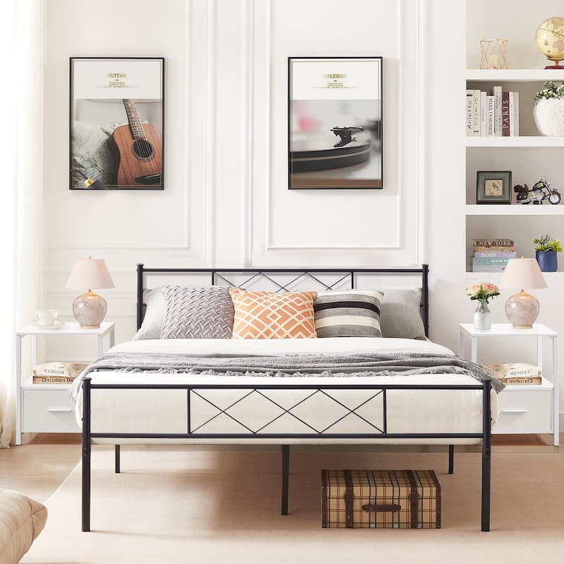 VECELO Industrial 3-Piece Bedroom Set Black Platform Bed Frame with Headboard and Modern Nightstand Set of 2