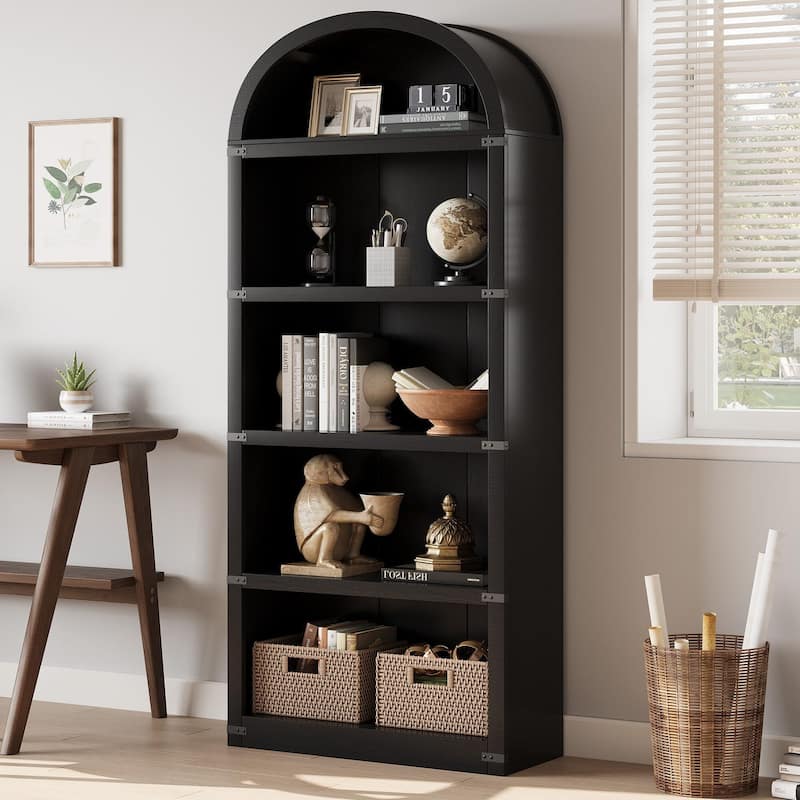 71.7" Tall Arched Bookshelf, 5-Tier Arched Display Cabinet with Storage Shelves - Black - No Door Style