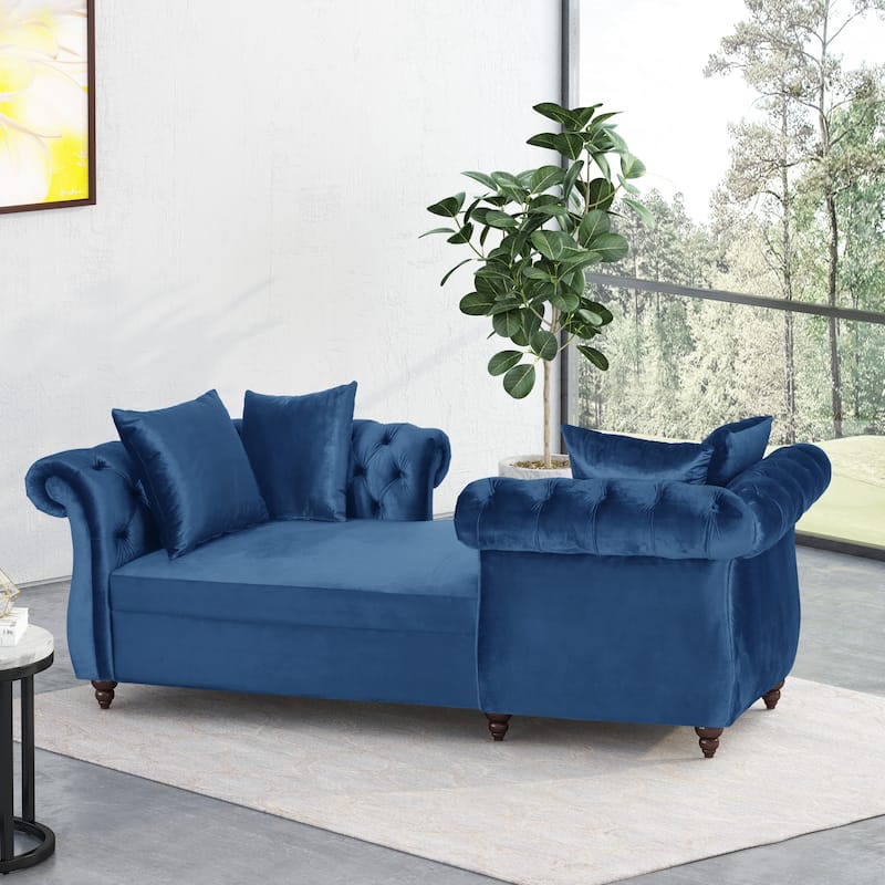 Houck Modern Glam Tufted Velvet Tete-a-Tete Chaise Lounge with Accent Pillows by Christopher Knight Home - Navy Blue + Dark Brown