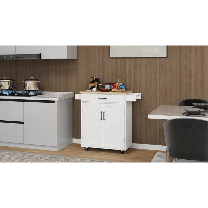 Wooden Countertops Kitchen Cart with 1 Drawer & 2 Doors, Small Kitchen Island on Wheels with Adjustable Shelves and Towel Rack