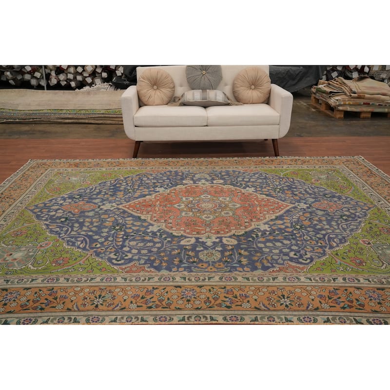 Hand Knotted Oriental 100% Wool Carpet Traditional Floral Navy Blue & Blues Tabriz Area Rug - 10' 9'' X 8' 0''