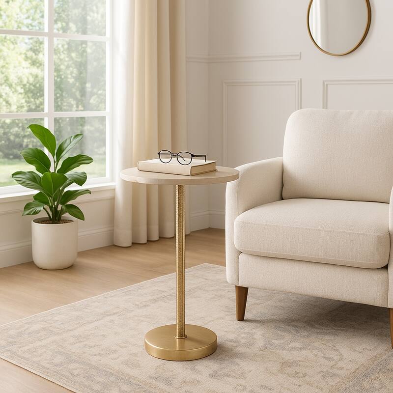 Marble Top Side and End Table with Pedestal Base - 25", Ivory & Gold