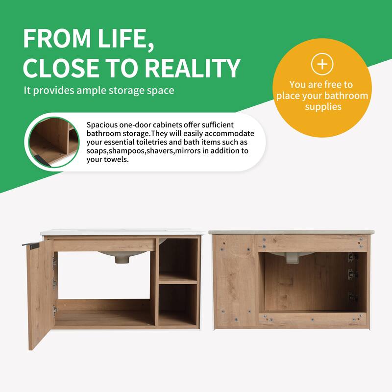 BNK 20"/24"/30" Single Sink Bathroom Vanity with Soft Close Door or Right Side Shelves, Modern Floating Vanity